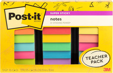 Post-It Super Sticky Notes Teacher Pack, Assorted Colors, 3 In. X 3 In., 15 Pads