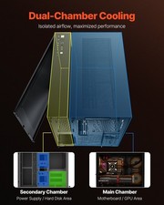For Mid-Tower PC Case, Dual Chamber, Gaming Computer Case with Tempered Glass