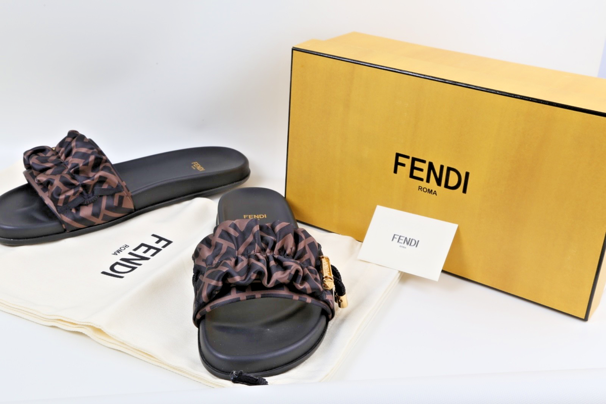 FENDI Zucca FF Logo Print Ruched Fabric Slides Flats Sandals Size