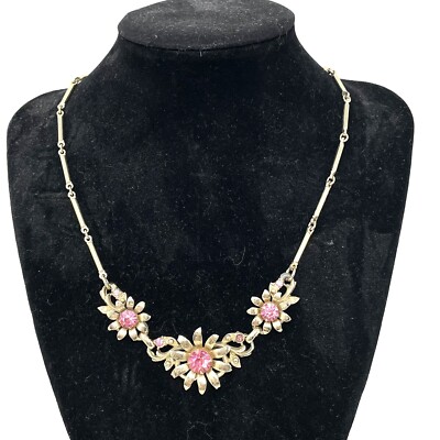 Vtg Estate Choker Necklace Gold Tone Snake Bead Chain Flower Pink Rhinestone