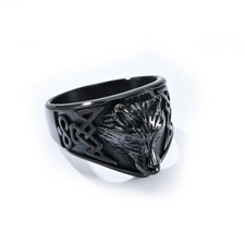Men's Vintage Nordic Viking Celtic Wolf Ring, Stainless Steel, Black, Size 7-12