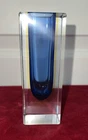 Sommerso Murano Italy 1960 Flavio Poli Blue Center Yellow Halo Bud Vase, 4.75”H