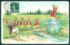 Greetings Easter Anthropomorphic Dressed Hare Egg CREASED postcard HR0318