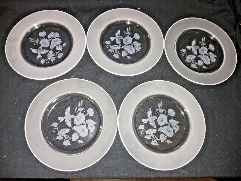 Avon Hummingbird 24% Lead Crystal 8" Dessert Plates Clear Frosted Set of 5