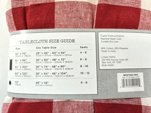Lintex Tablecloth Red Buffalo Plaid 70in Round Picnic Washable Cotton New/Tags - Picture 4 of 6