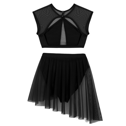 Womens Mesh Asymmetric Contemporary Lyrical Dance Crop Top Shorts Skirt Costume - Picture 10 of 62