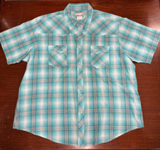 Wrangler Wrancher Pearl Snap Western Shirt Mens 2XL Short Sleeve Turquoise Plaid