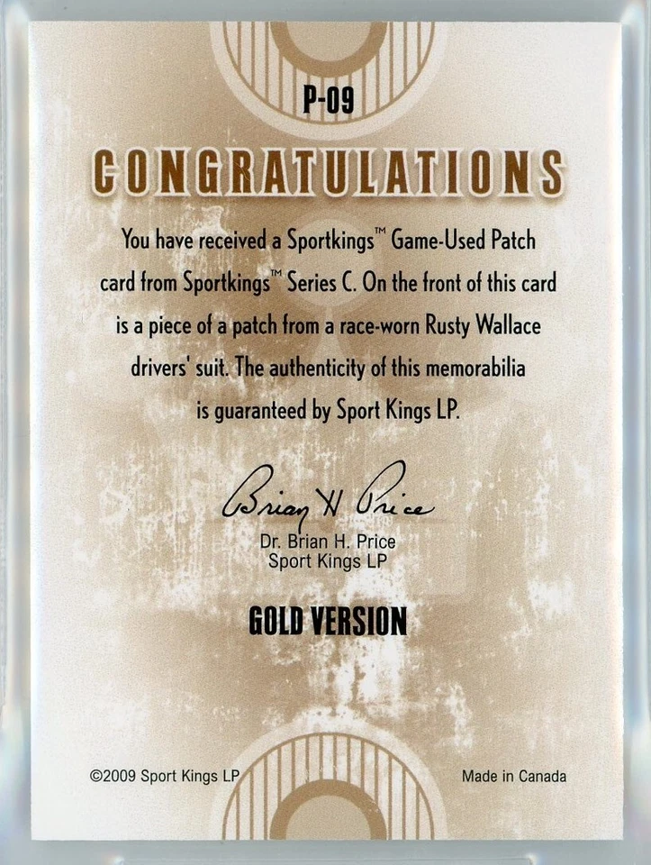2009 SPORTKINGS GAME-USED PATCH GOLD 1/1 #P9 RUSTY WALLACE MEMORABILIA BGS 9.5 - Image 2 of 2