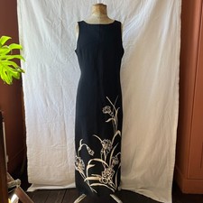 Vintage Black Cream Large Floral Print Sleeveles Maxi Tea Dress UK 16 90s