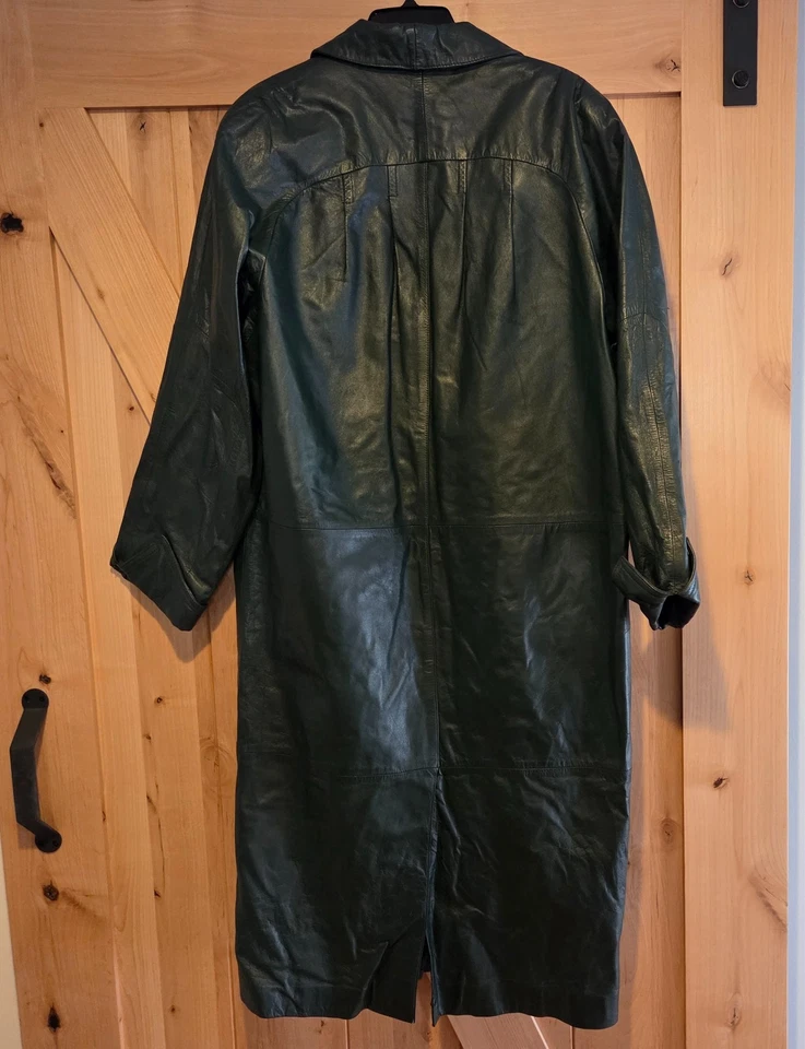Vintage Global Identity GIII Leather Coat Trench Womens L Green Boho Chic 80s - Image 2 of 4