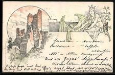 Artist postcard Königswinter, castle ruins Drachenfels and princess with lindworm 189 