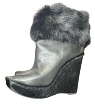  1495 PRADA BLACK LEATHER AND FUR PEEP TOE BOTTIES BOOTS SHOES SZ 39 OR 8.5