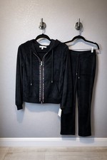 Women  s Black Velour Tracksuit Set Zip-Up Hoodie Joggers Rhinestone Bling Trim