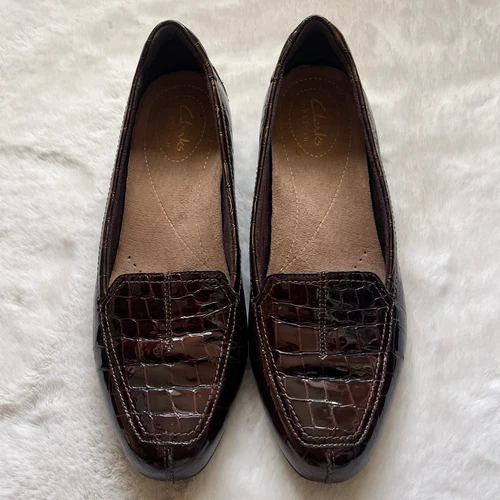 MOCASSINI DONNA CLARKS UK5.5 PELLE MARRONE EFFETTO SERPENTE LEGGERI SCARPE SLIP ON