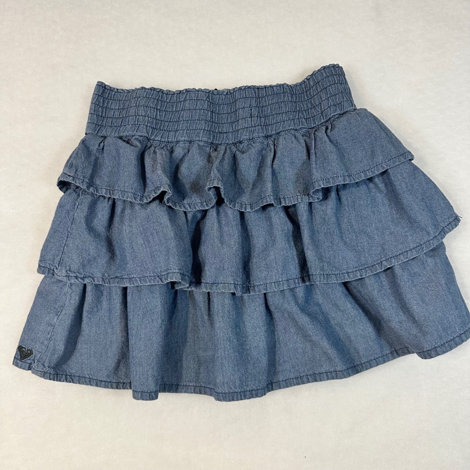 Roxy Girls Blue Tiered Ruffle Skirt Smocked Waist Denim Size 14