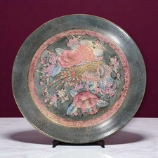 Hand Painted Porcelain Plate Green Mauve Pink Gold Bird Floral C&F Enterprises