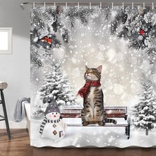 Winter Christmas Shower Curtain, Cute Cat Snowman Snowflake Holiday Scene Shower