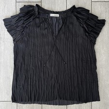 ULLA JOHNSON LIV BLOUSE SIZE 4 PLEATED RUFFLE TIERED SLEEVE BLACK CRINKLE PLISSÉ