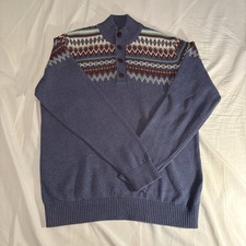Izod Men's Blue Multicolor Button Mock Neck Knit Long Sleeve Sweater Large USED