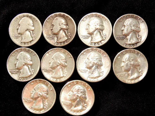 Lot of 10 - Washington Silver Quarters Circulated -  1939-1964 - P&D   A68