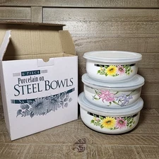6 Pc GMI Floral Nesting Bowls w Lids Porcelain Enamel Steel Serving Bowl 