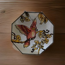 10 Vintage Octagon Sun Catcher Stained Glass Cardinal On Branch Eating Berries