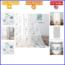 Blue Floral Embroidered Sheer Curtains 52x84 Inches, 2 Panels, Rod Pocket
