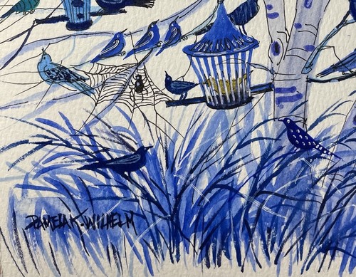 Pamela Wilhelm Original Aquarell 8,3”x5,8” blau Lebensbaum Vögel Vogelhäuser - Bild 3 von 4