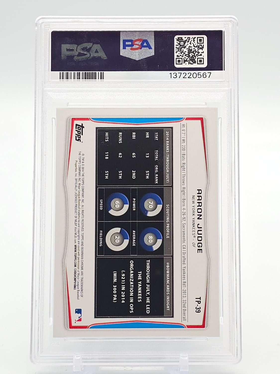 AARON JUDGE 2014 BOWMAN DRAFT TOP PROSPECTS SILVER ICE ROOKIE RC PSA 10 Q7689-1 view 2
