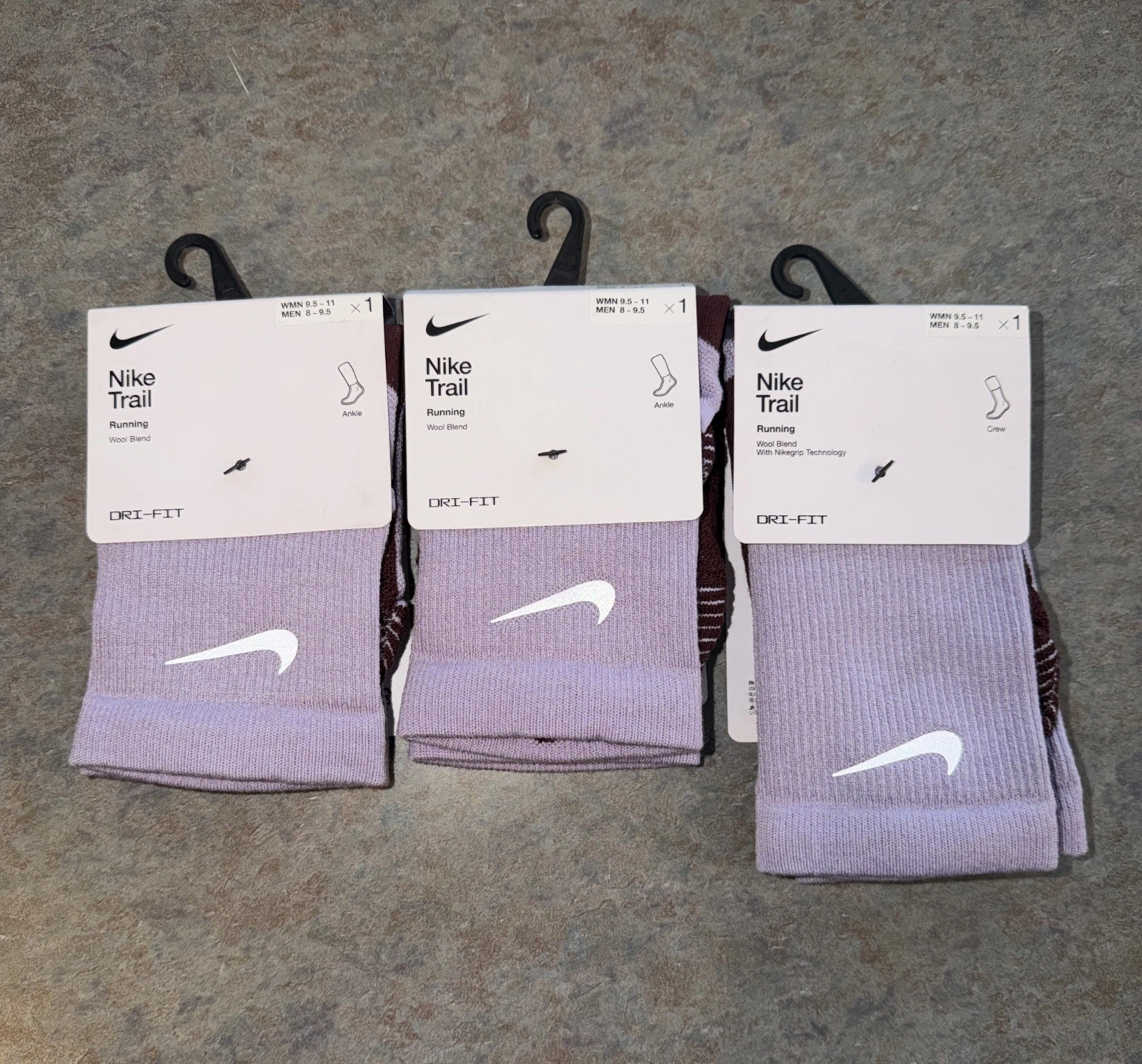 NIKE TRAIL Running Socks LOT (3) Pair (2)Ankle (1)Crew W9.5-11 M8-9.5 Wool Blend