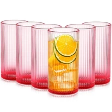 6 Packs Pink Ribbed Drinking Glasses Pink Highball Glass Cups 12 oz Fluted Hi...