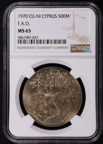 1970 Cyprus 500 Mils 25th Anniversary FAO CuNi Copper-Nickel Coin NGC MS65