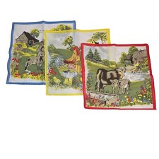 Vintage Handkerchief Set Illustrated Hankie Farm Cow Chicken Horse Ranch Country