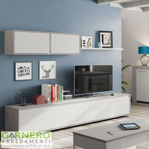 Parete attrezzata soggiorno ITACA bianco cemento mobile tv design sala salotto - Foto 1 di 3