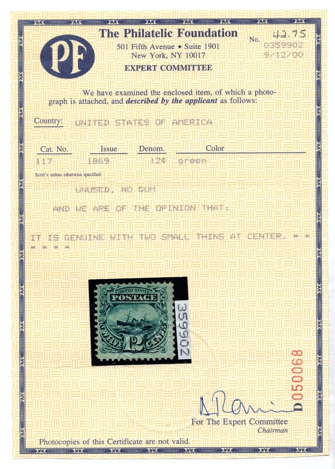 US 1869 SCOTT #117 MINT HINGED WITH CERTIFICATE OF AUTHENTICITY - Image 3 of 3