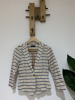 NUMPH Anthropologie Ecru Denim blau gestreift tailliert Baumwolle Blazer Jacke Gr 10