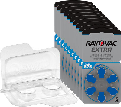 60 Rayovac Extra Advanced Hearing Aid Batteries PR44 Blue 675 + Box for 2 Cells