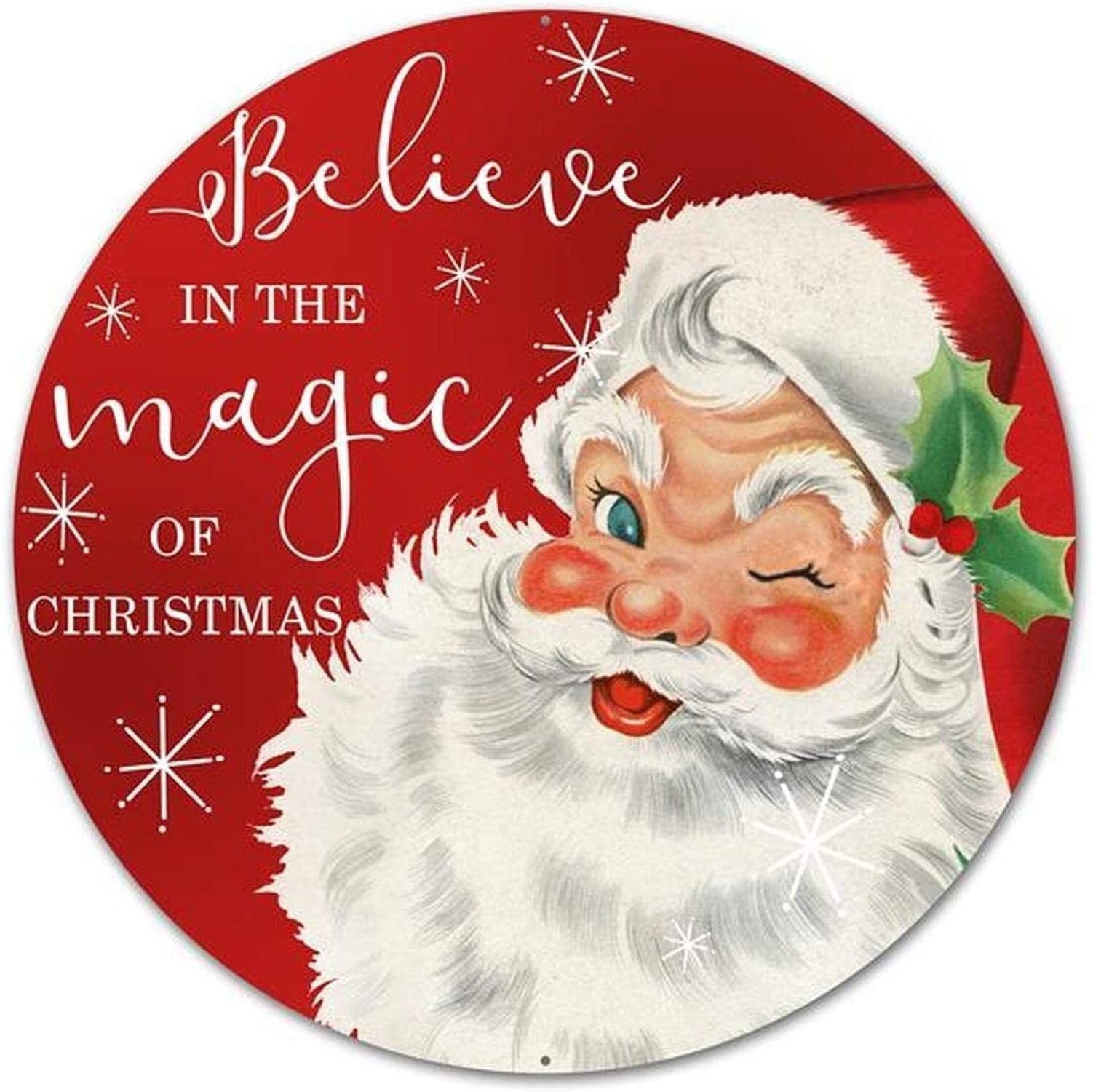 Round Metal Tin Sign Rustic Wall Decor Santa Believe in The Magic of Christma...