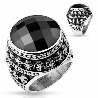 GROSSE BAGUE CHEVALIERE HOMME ACIER PIERRE NOIRE JOYAU TETE DE