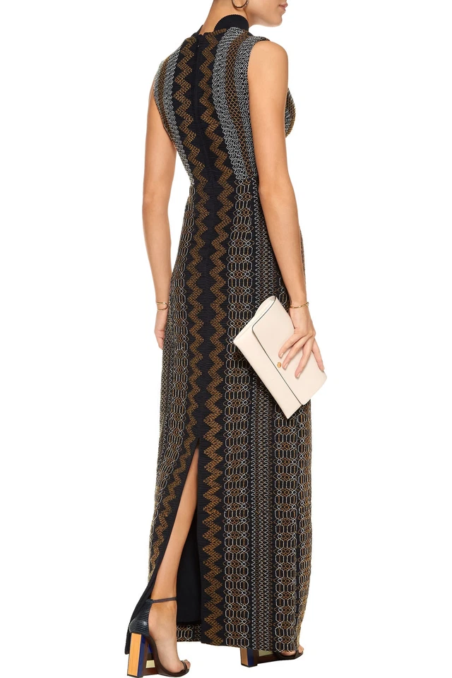 Maxi Vestido de Diseñador TORY BURCH Azul Marino Calado Crepé de China Borde con Volantes 4 EE. UU. Foto 2 de 4