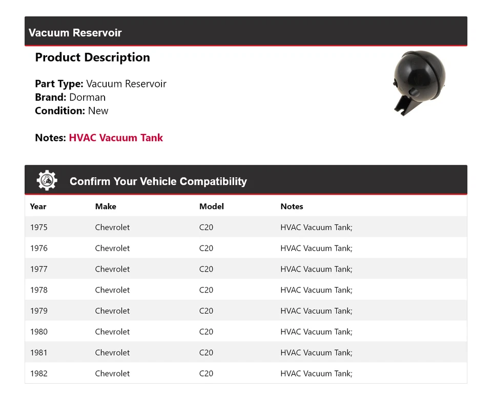 For 1975-1982 Chevrolet C20 Dorman Vacuum Reservoir 1976 1977 1978 1979 1980 - Image 2 of 4