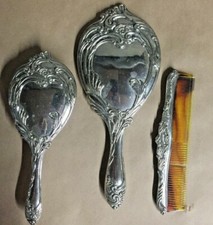 Vintage Vanity Set, Art Nouveau Design, Silver Plated Brush Mirror Comb 3-Piece
