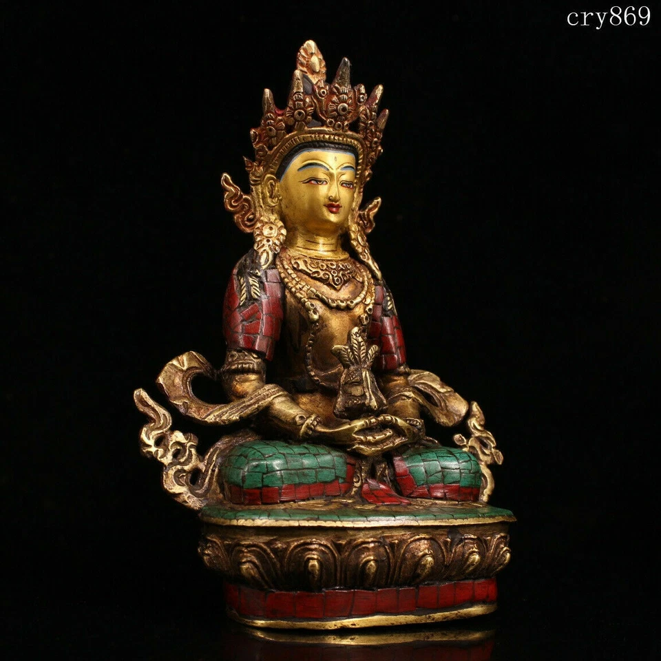 Raro Antiguo Templo Jokhang Tibetano Hecho a Mano con Incrustaciones con Gemas Estatua de Budismo Foto 2 de 4