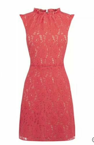 BNWT Oasis Coral Peach Floral Orange Lace Ruffle Neck Ladderstitch Dress 10  45 | eBay UK