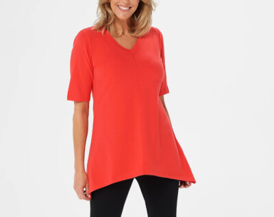 Denim & Co. Perfect Jersey V-neck Trapeze Hem Top Poppy Red Small