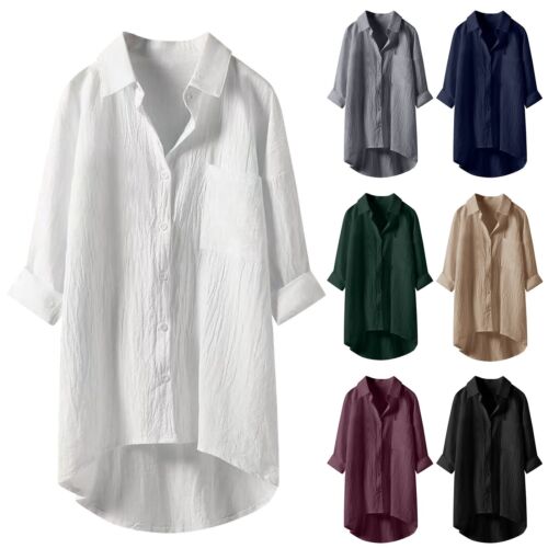 Women's Oversized Linen Shirts Blouses Tops Long Sleeve High Low Button Up Shirt