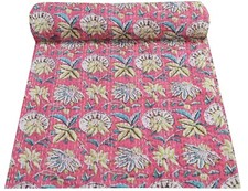 Indian Handmade Floral Print Queen Cotton Kantha Quilt Bedspread Throw Blanket