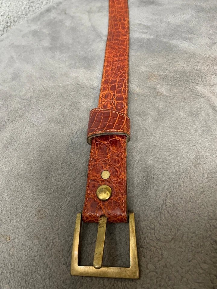 Johnny Farah Alligator Belt Leather Womens M Brown Brass Gold Tone Metal Buckle - Image 3 of 4