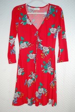 Womens RED FLORAL DRESS V-Neck 3/4 SLV Soft Knit ABOVE KNEE Tie Accent S 4-6