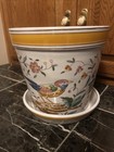 Vtg Portugal Planter Hand Painted Floral/Bird Plant Pot And Tray Approx 8X8.5” — photo 1